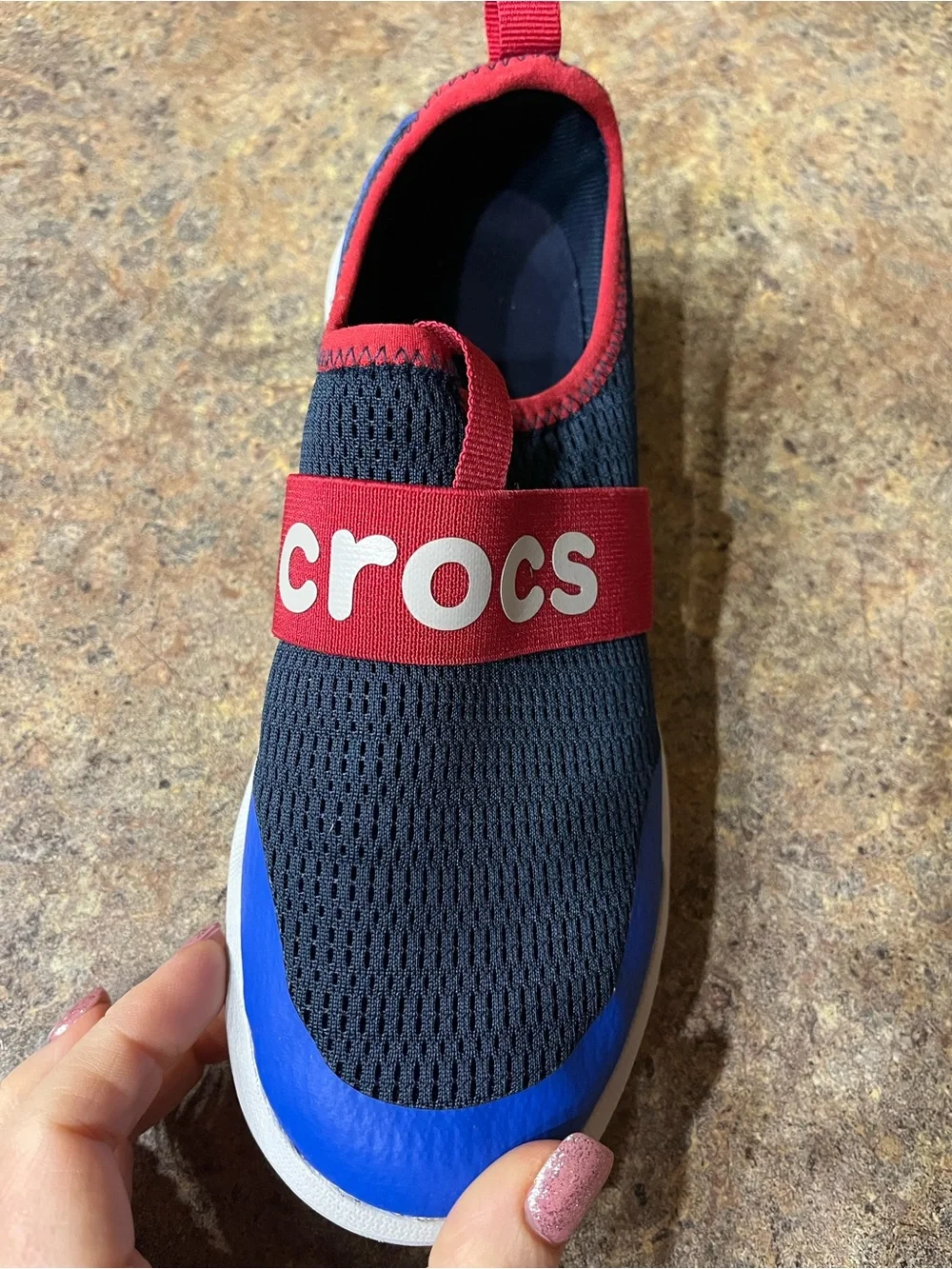 Crocs LiteRide Modform Kids J3 Slip On Sneakers Navy Blue Red Sport
